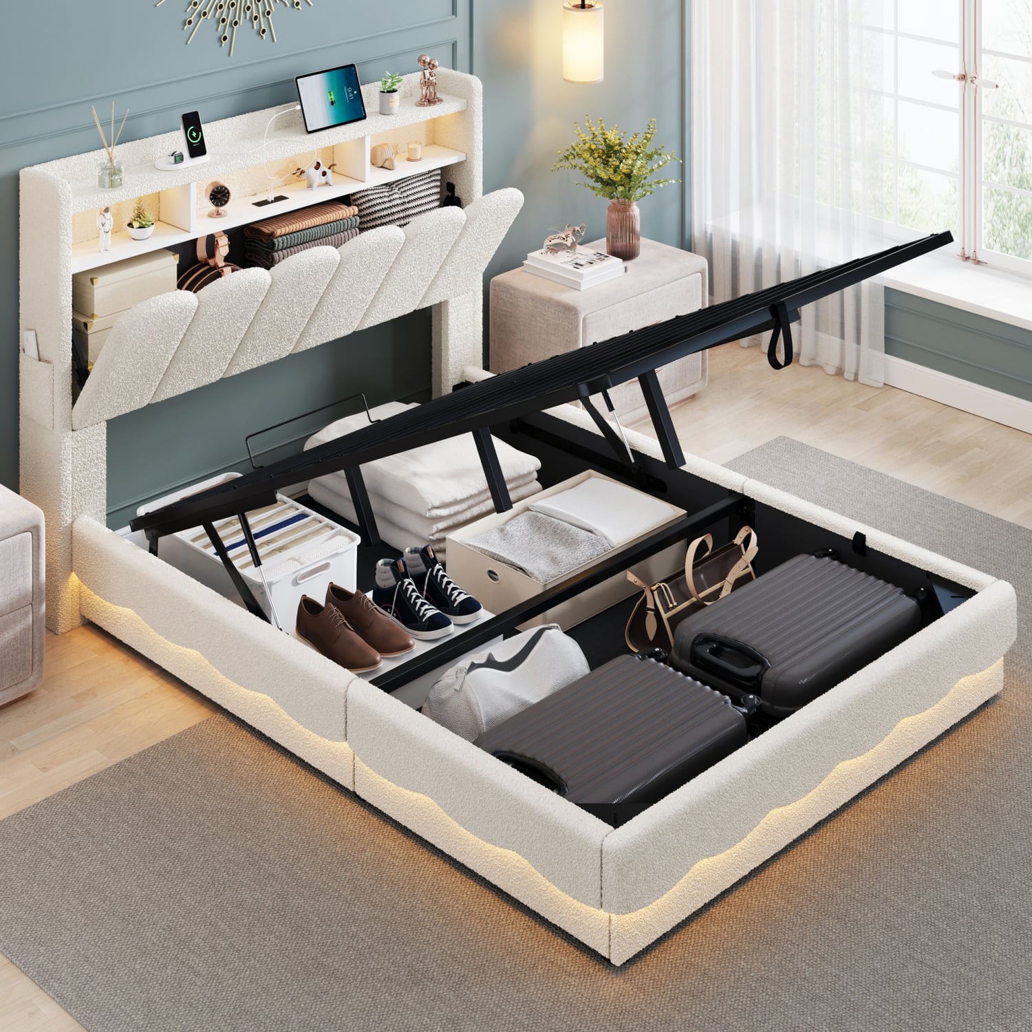 Lotus Boucle Gas Lift Bed Frame with Charging Station