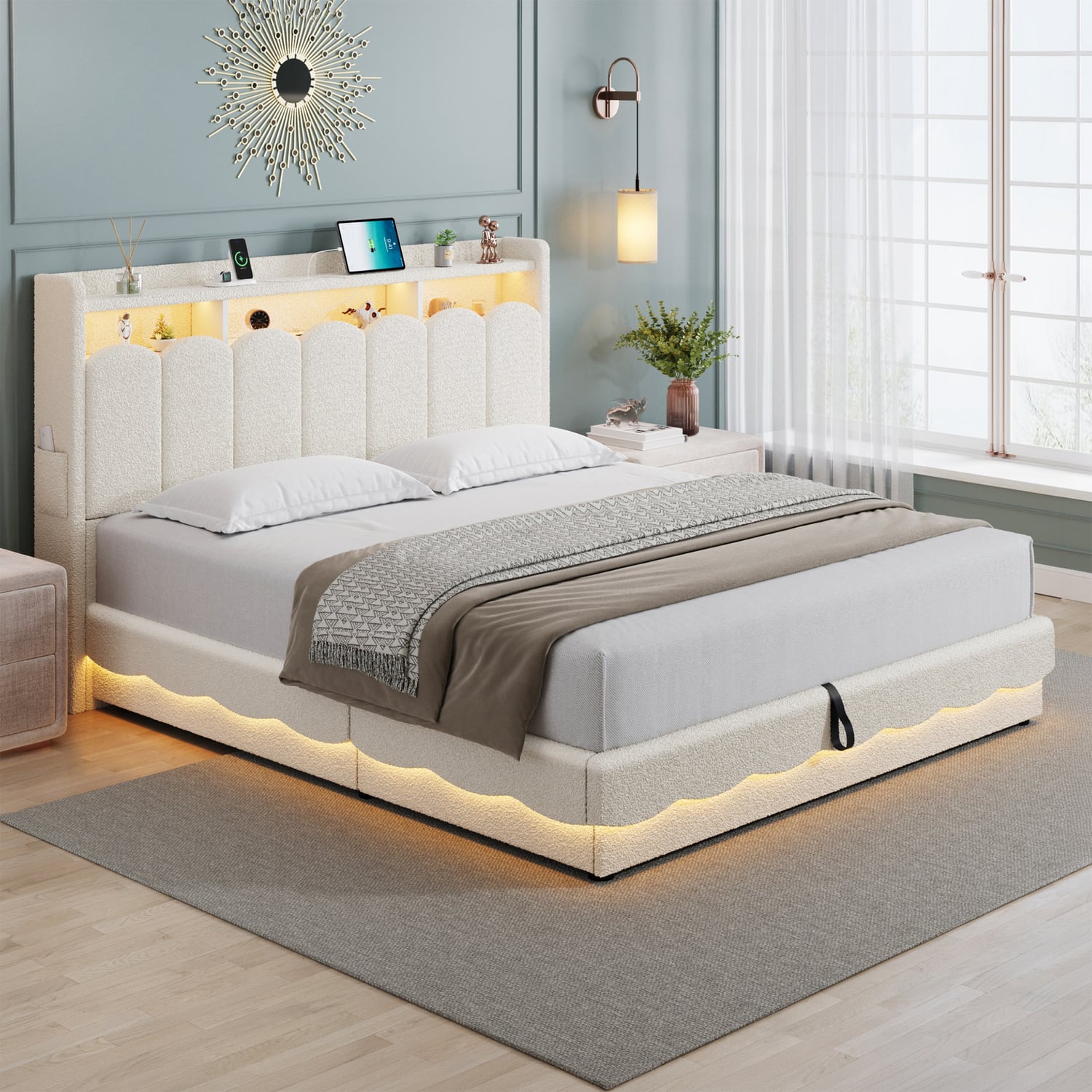Lotus Boucle Gas Lift Bed Frame with Charging Station