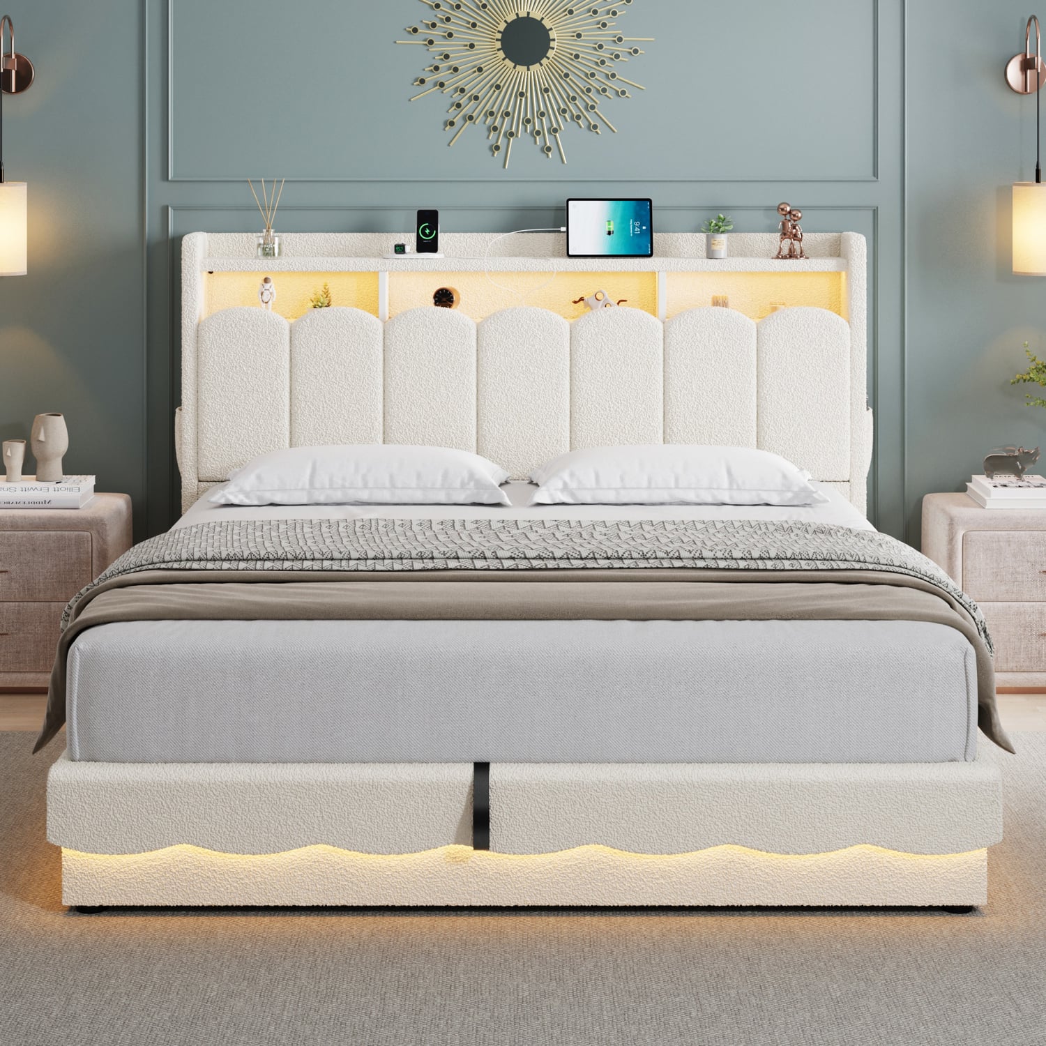 Lotus Boucle Gas Lift Bed Frame with Charging Station