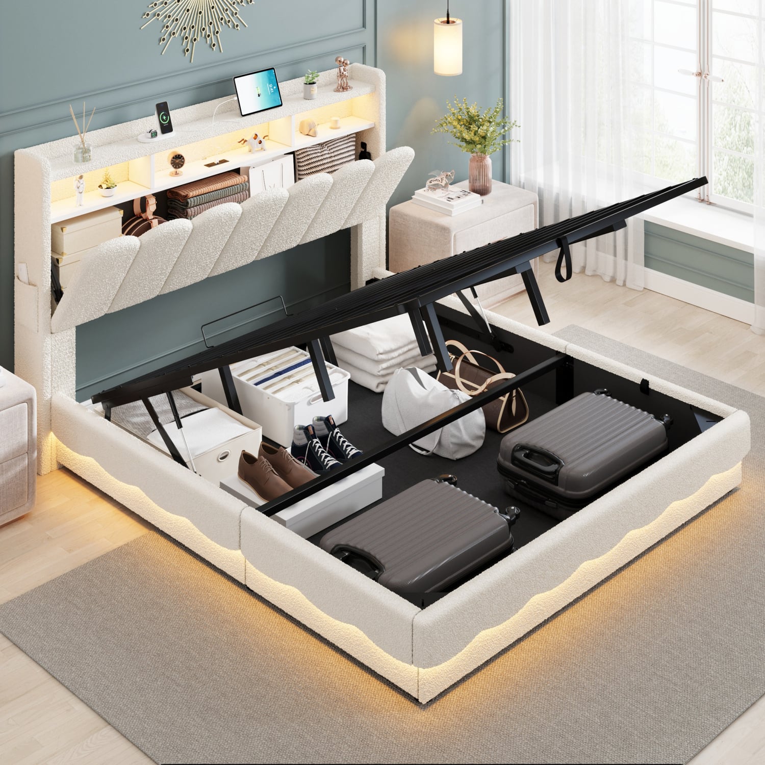 Lotus Boucle Gas Lift Bed Frame with Charging Station