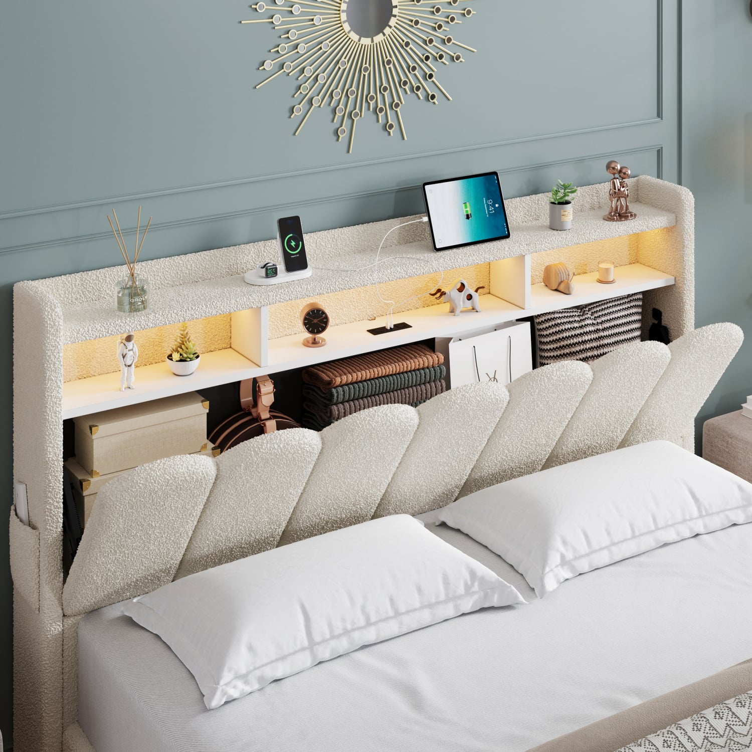Lotus Boucle Gas Lift Bed Frame with Charging Station