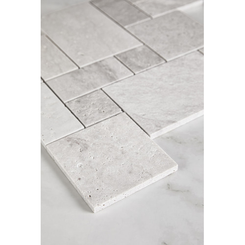Soline Tumbled Grey French Pattern Travertine Mosaic Tile