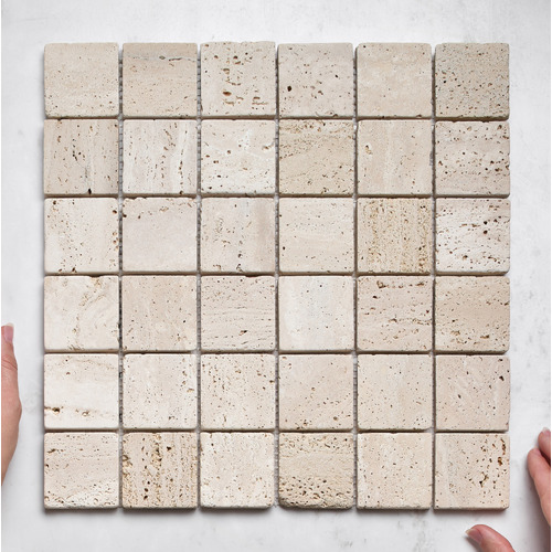 Nadia Tumbled Beige Small Square Travertine Mosaic Tile