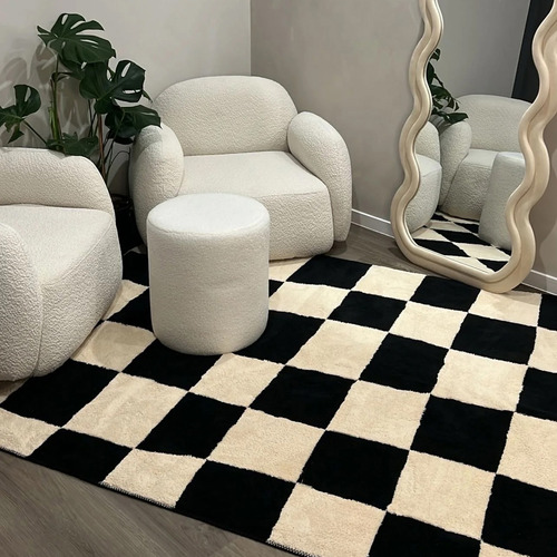 Black Checked Out Machine Washable Rug