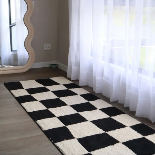 Black Checked Out Machine Washable Rug