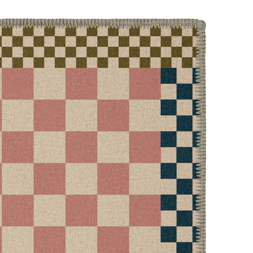 Pale Pink Checkered Machine Washable Rug