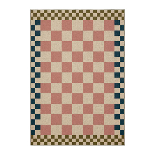 Pale Pink Checkered Machine Washable Rug