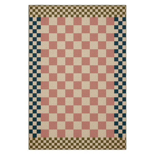 Pale Pink Checkered Machine Washable Rug
