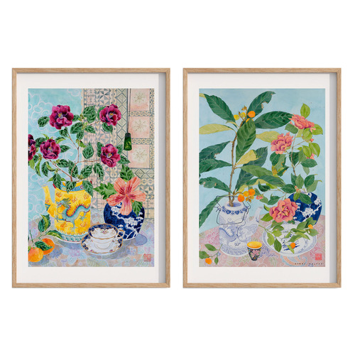 2 Piece Chinoiserie Framed Paper Print Wall Art Set