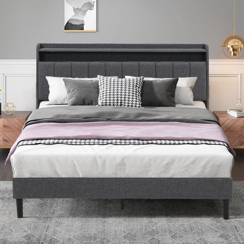 Grey Lusamine Queen Bed with LED & Charging Station