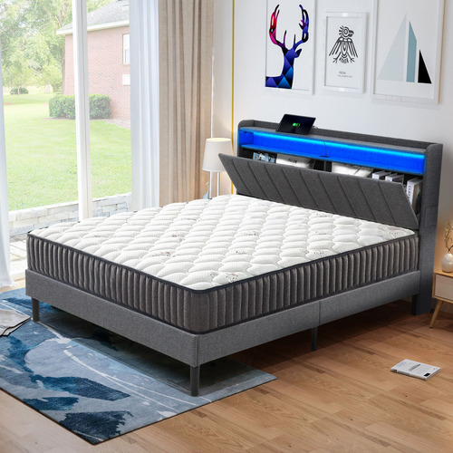 Grey Lusamine Queen Bed with LED & Charging Station