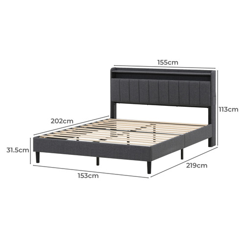 Grey Lusamine Linen Queen Bed with LED & Charging Station