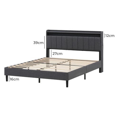 Grey Lusamine Linen Queen Bed with LED & Charging Station