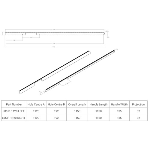 Rail 1120mm Aluminium Cabinet Handle