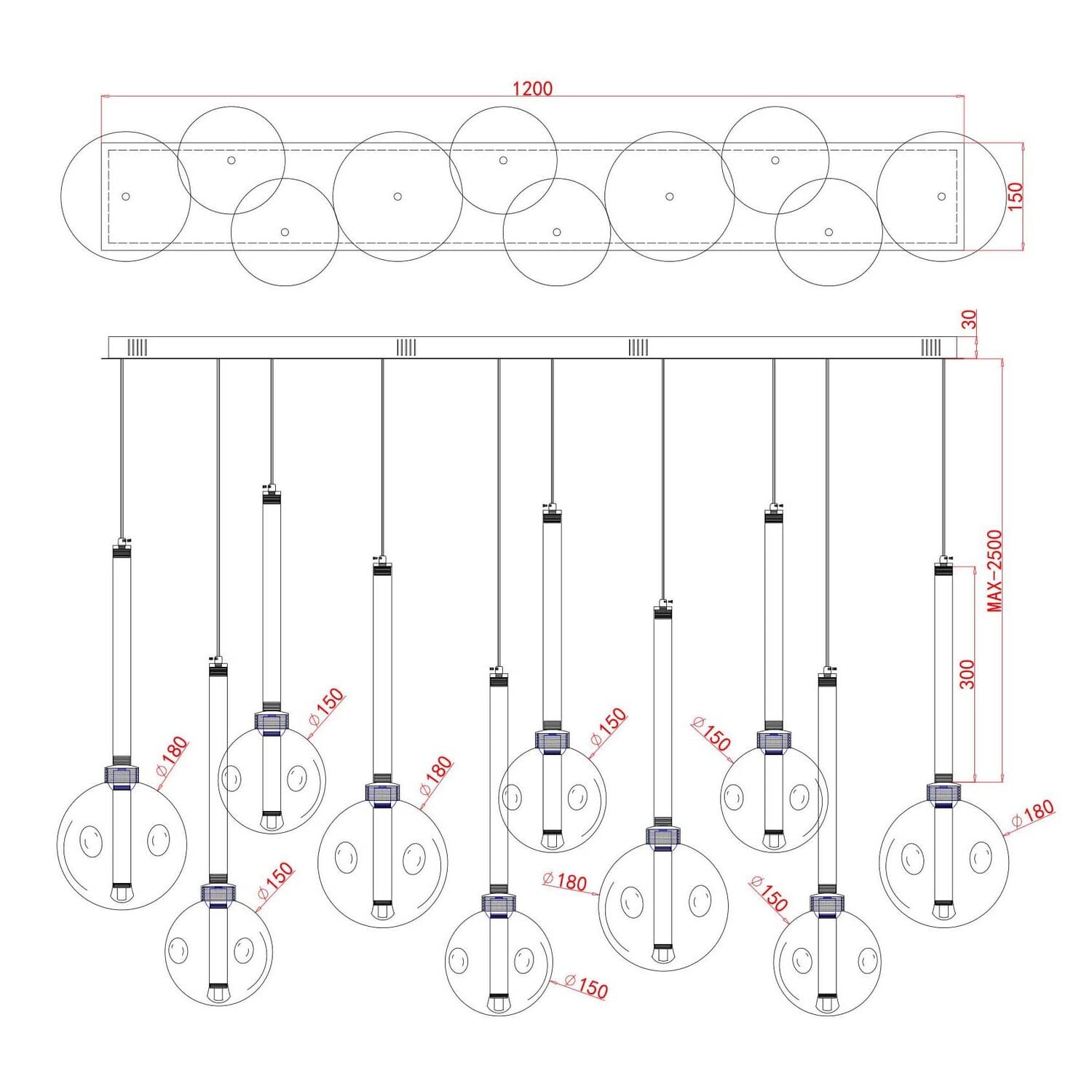 Meteor Glass Linear LED 10-Light Pendant