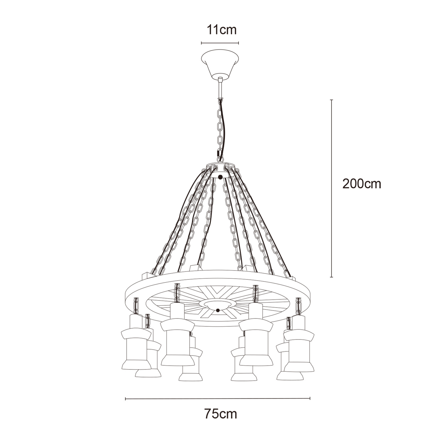 Allen Wheel Pine Wood 8 Lamp Pendant