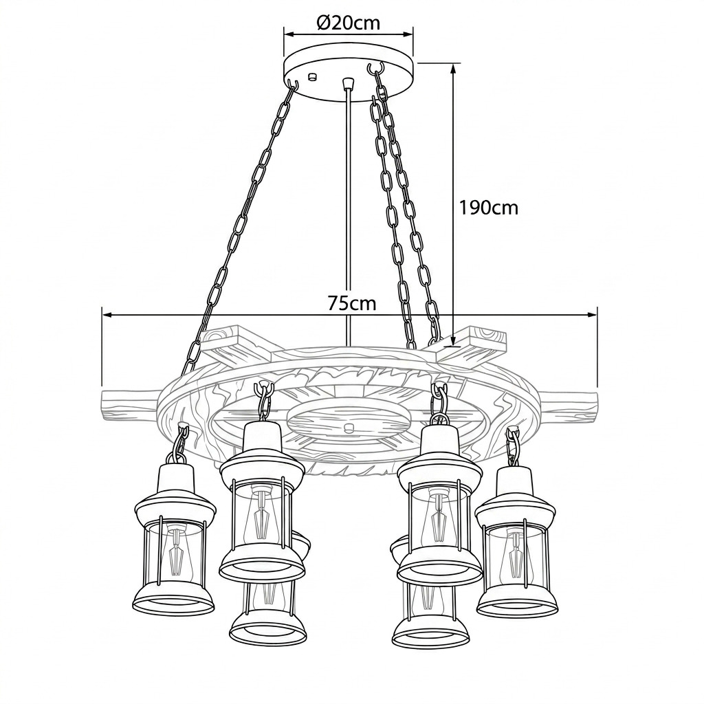 Allen Wheel Pine Wood 6 Lamp Pendant Light