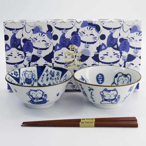 4 Piece Kawaii Cat Neko White Cat Bowl & Chopsticks Set
