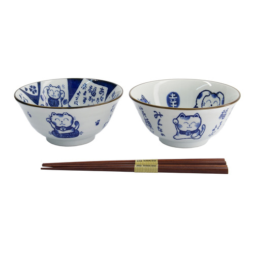 4 Piece Kawaii Cat Neko White Cat Bowl & Chopsticks Set