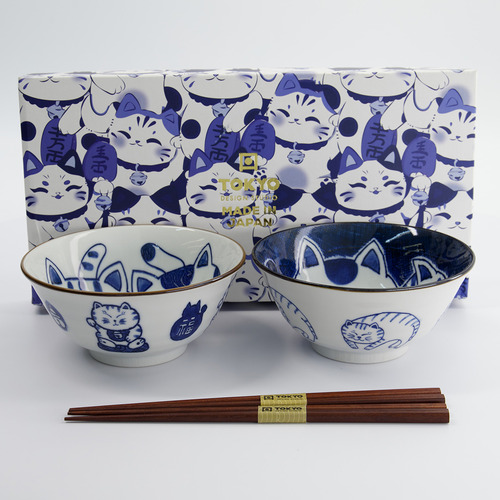 4 Piece Kawaii Cat Neko Twin Cat Bowl & Chopsticks Set
