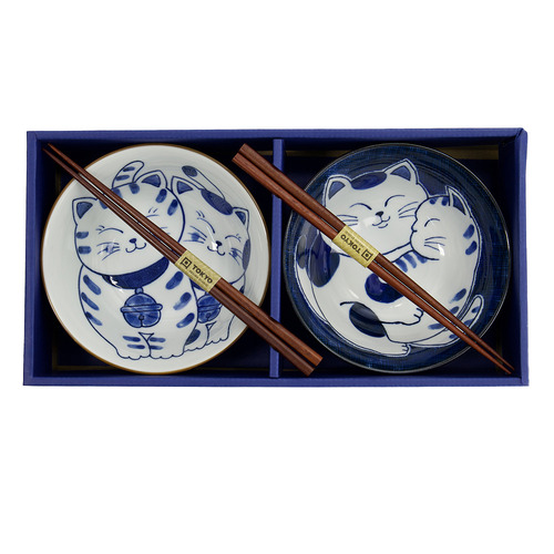 4 Piece Kawaii Cat Neko Twin Cat Bowl & Chopsticks Set