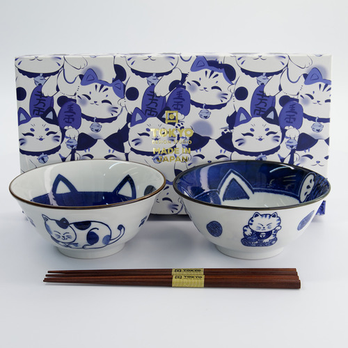 4 Piece Kawaii Cat Neko Blue Cat Bowl & Chopsticks Set