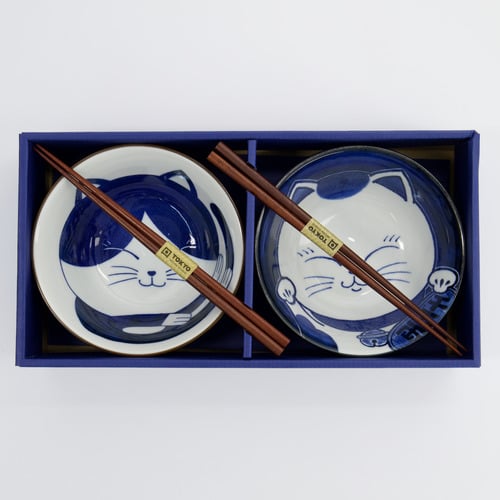 4 Piece Kawaii Cat Neko Blue Cat Bowl & Chopsticks Set