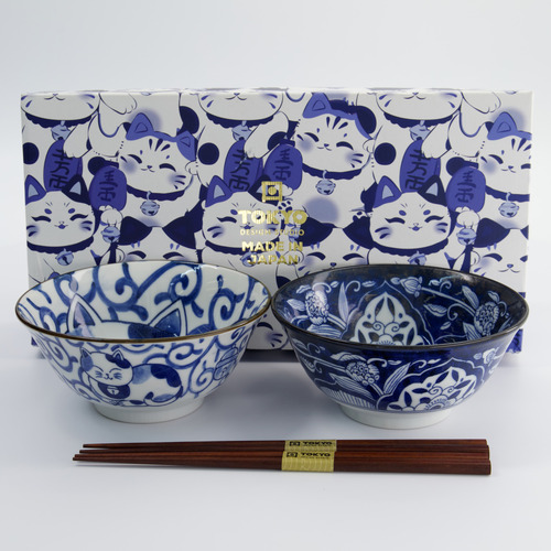 4 Piece Kawaii Cat Neko Swirl Cat Bowl and Chopsticks Set