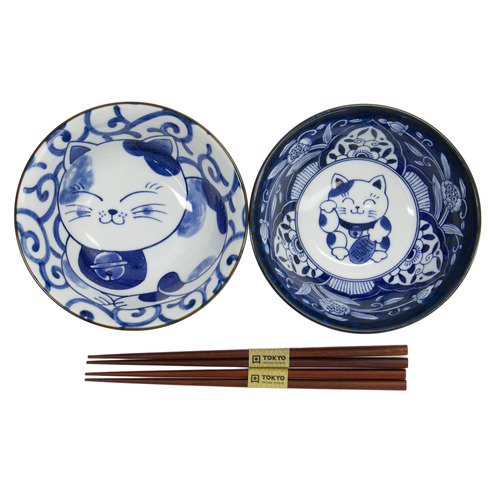 4 Piece Kawaii Cat Neko Swirl Cat Bowl and Chopsticks Set