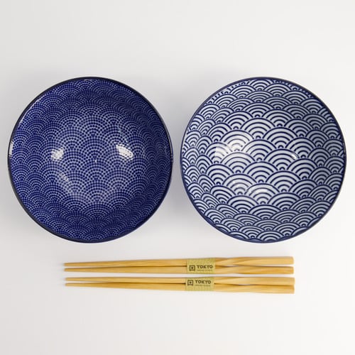 4 Piece Nippon Blue Tayo Bowl and Chopsticks Set