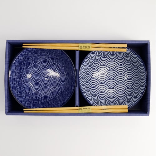 4 Piece Nippon Blue Tayo Bowl and Chopsticks Set