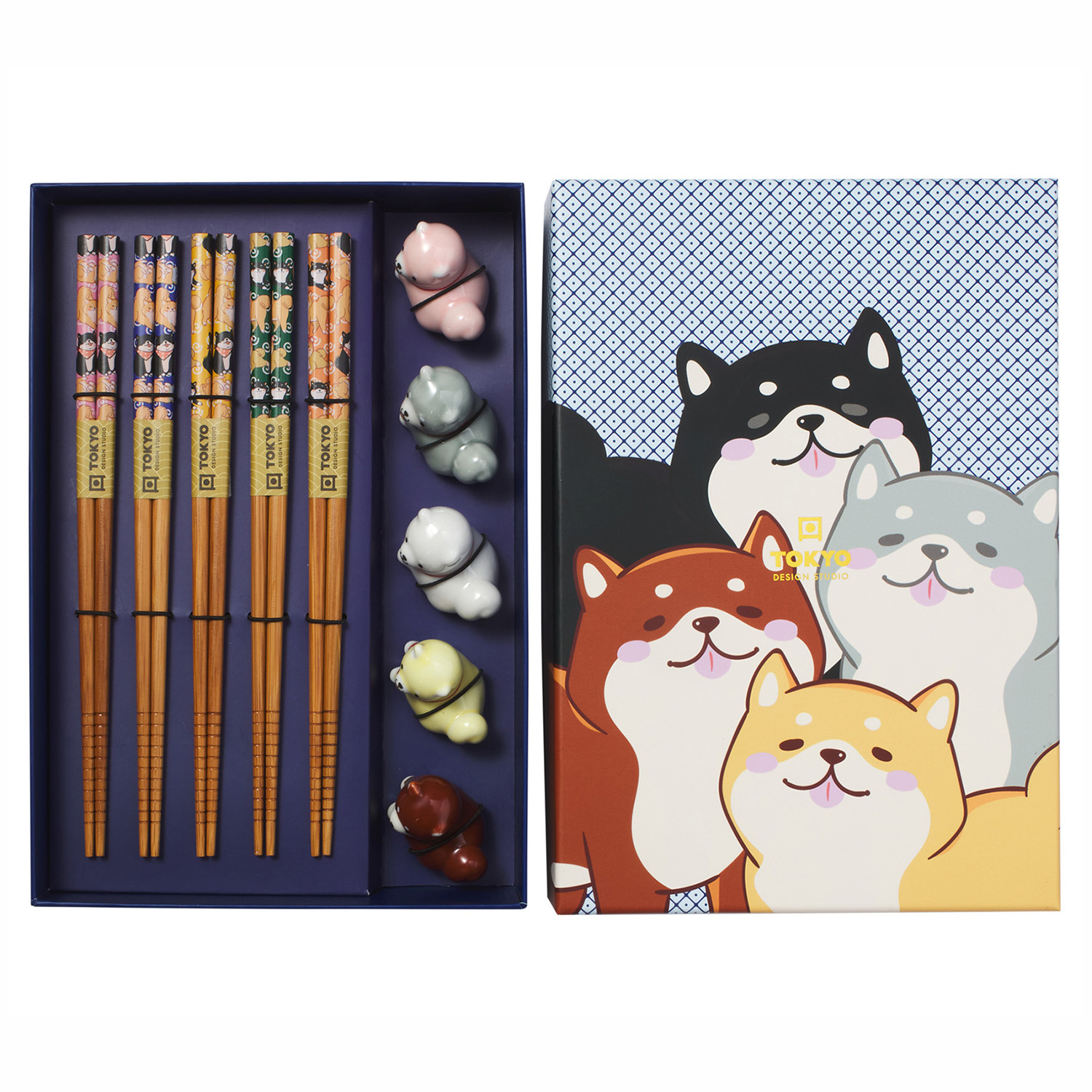 5 Pairs Shiba Dog Bamboo Chopsticks with Rest Gift Set