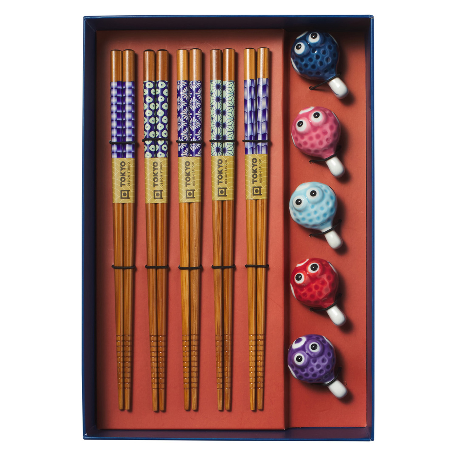 5 Pairs Blow Fish Bamboo Chopsticks with Rest Gift Set