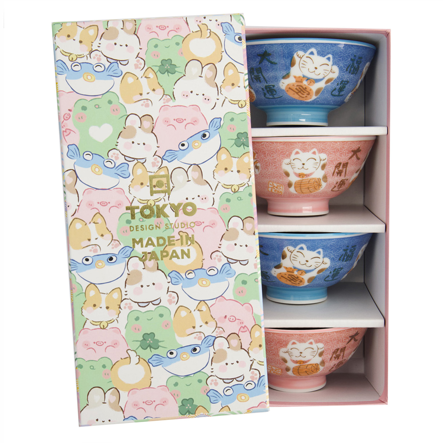 4 Piece Kawaii Maneki-Neko Cat Porcelain Bowls