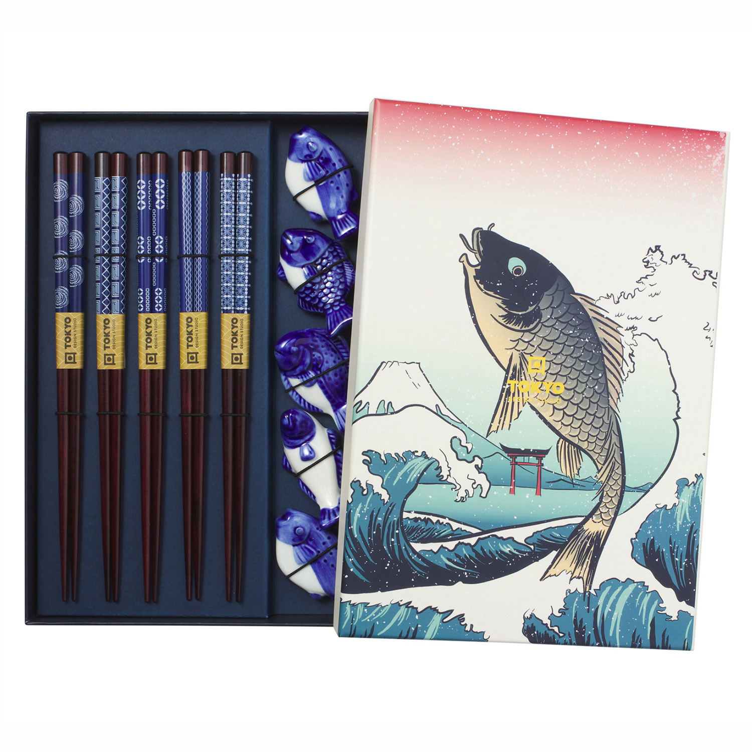 5 Pairs Blue Fish Chopsticks with Rest Gift Set