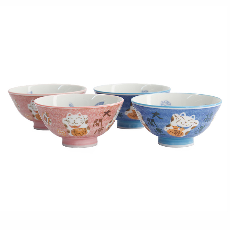 4 Piece Kawaii Maneki-Neko Cat Porcelain Bowls