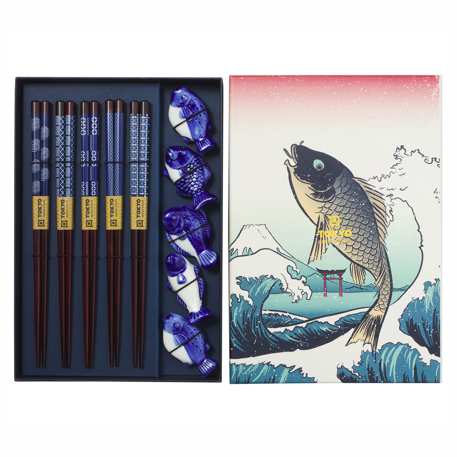5 Pairs Blue Fish Chopsticks with Rest Gift Set