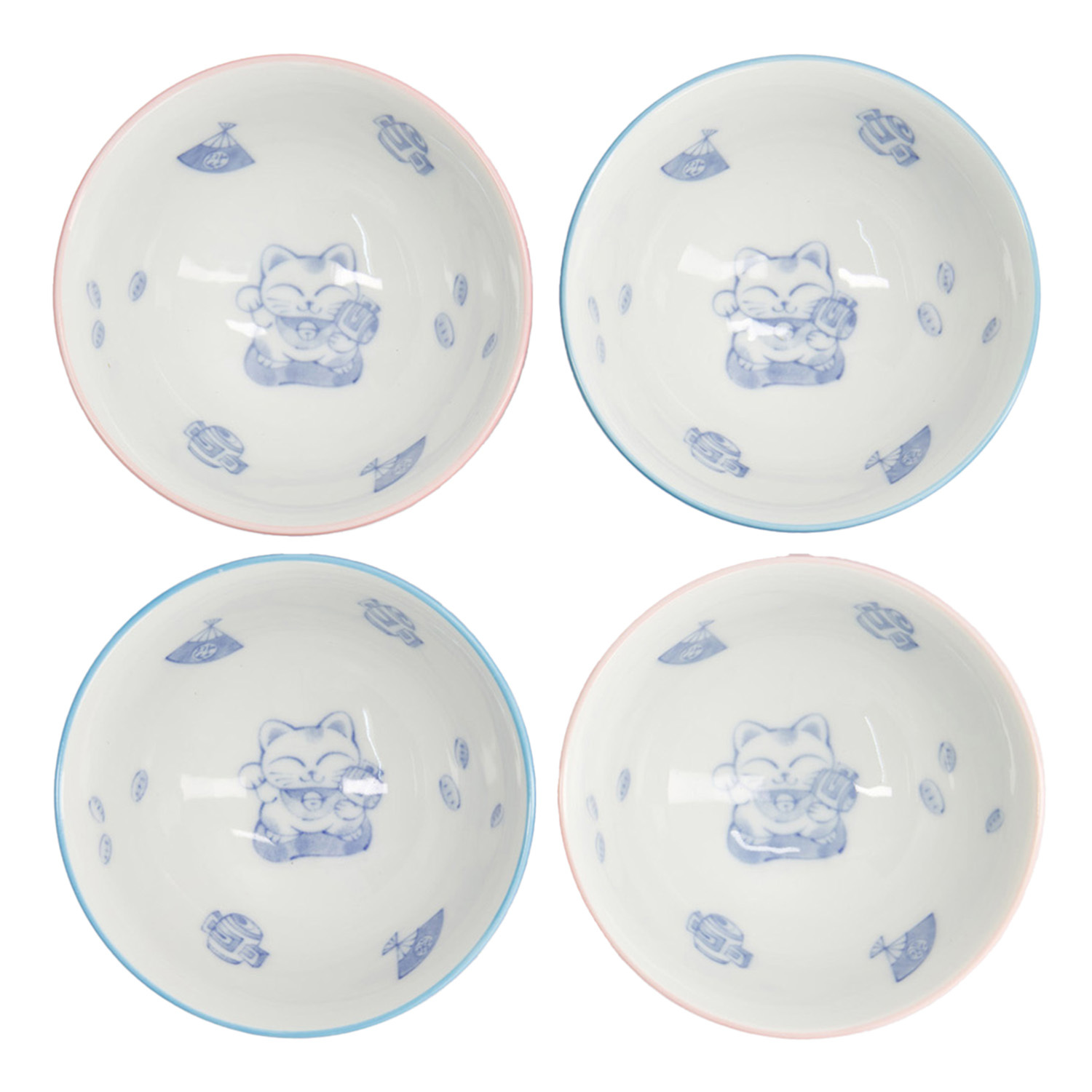 4 Piece Kawaii Maneki-Neko Cat Porcelain Bowls