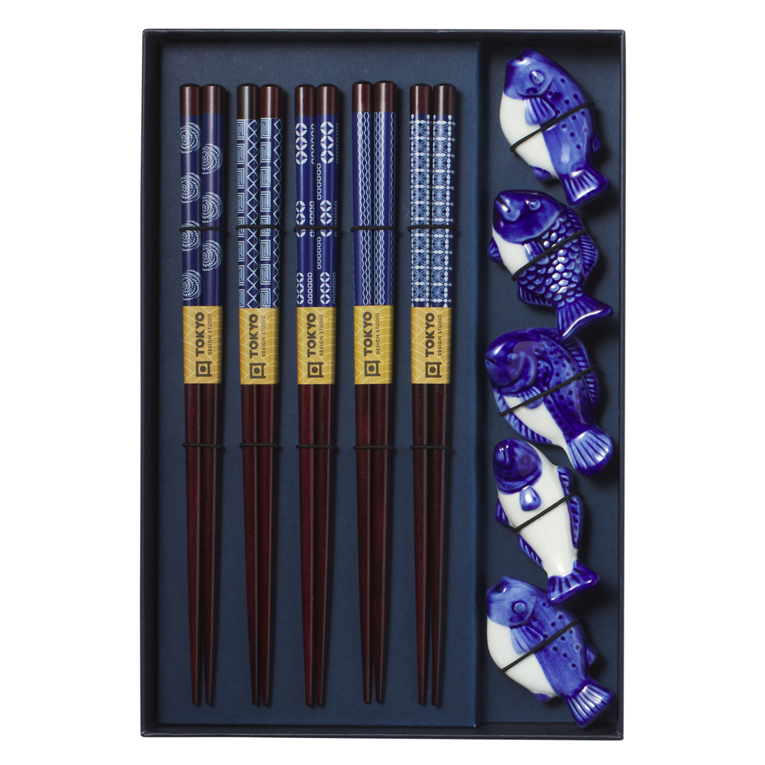 5 Pairs Blue Fish Chopsticks with Rest Gift Set