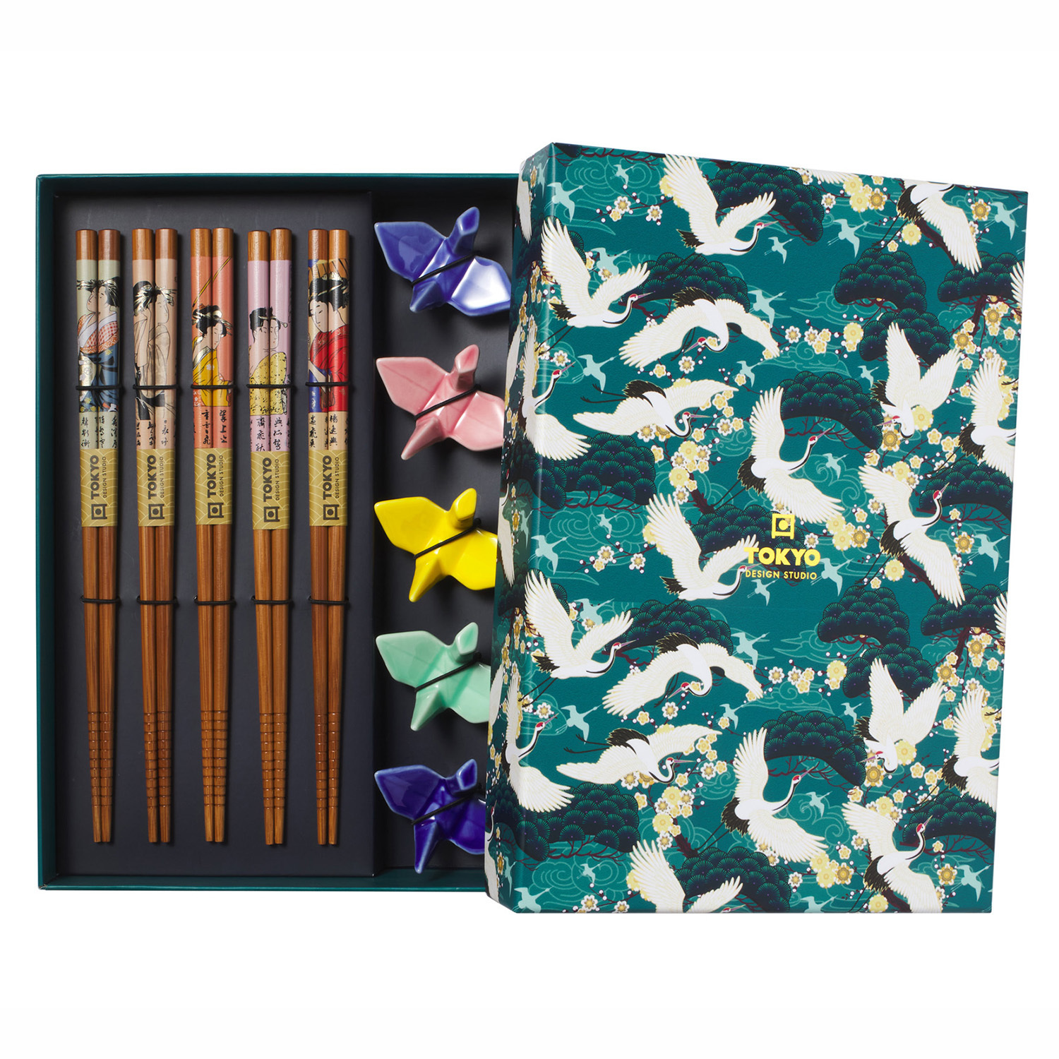 5 Pairs Crane Bamboo Chopsticks with Rest Gift Set