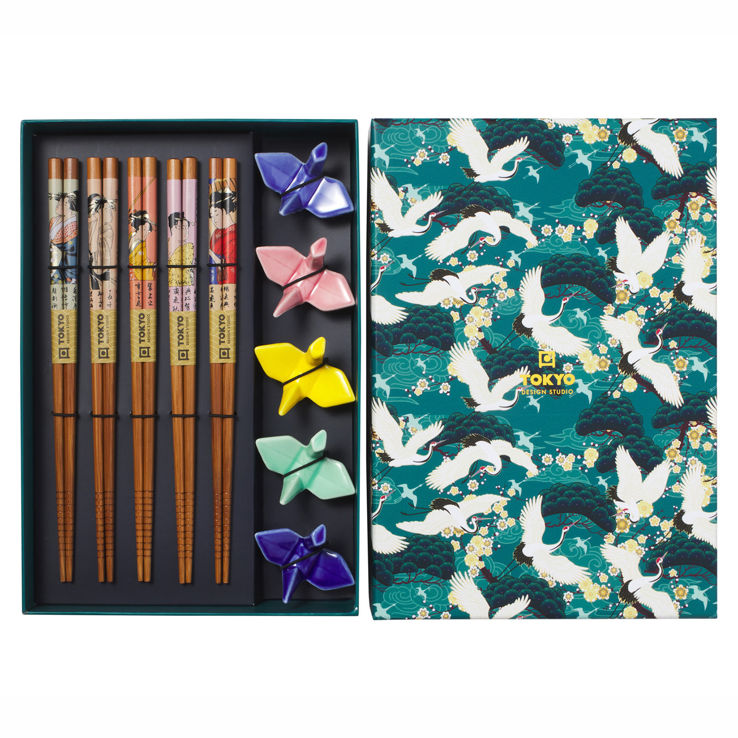 5 Pairs Crane Bamboo Chopsticks with Rest Gift Set