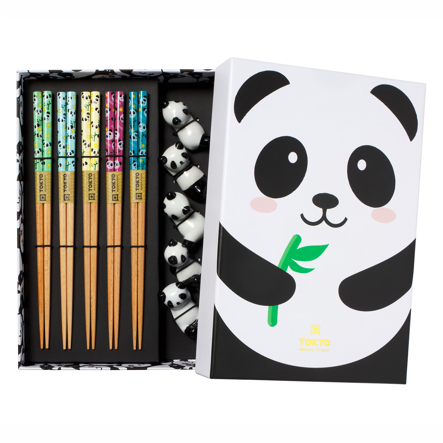 5 Pairs Panda Bamboo Chopsticks with Rest Gift Set