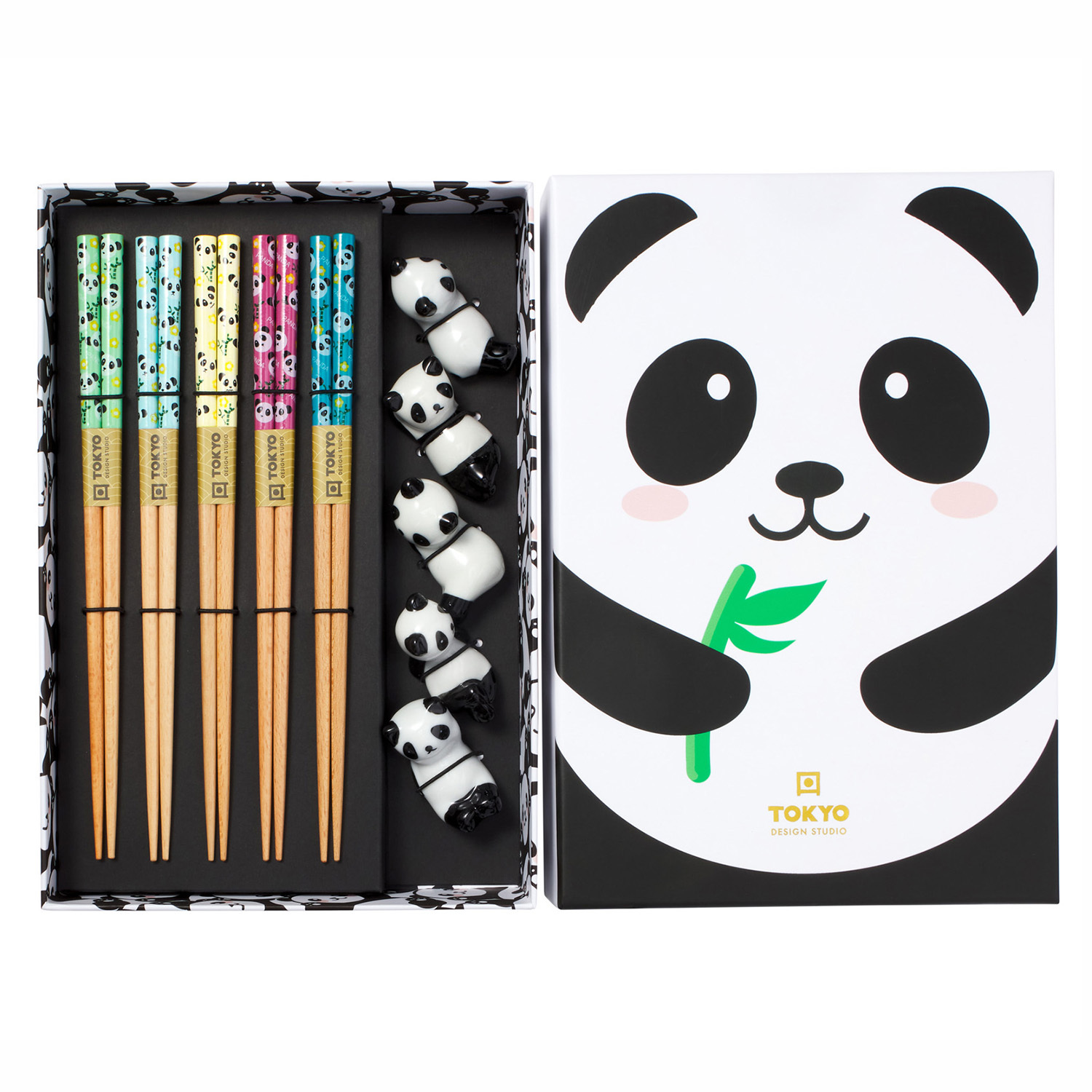 5 Pairs Panda Bamboo Chopsticks with Rest Gift Set