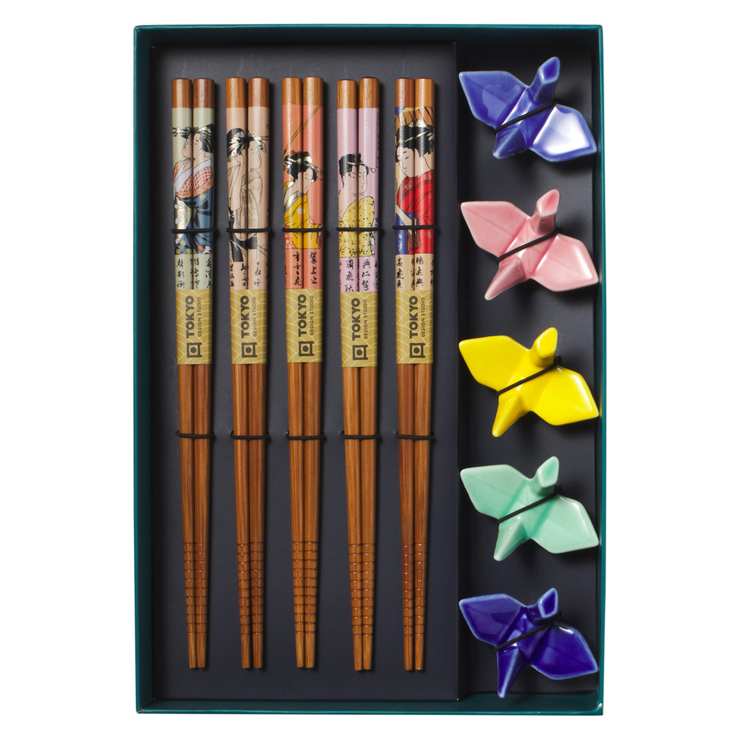 5 Pairs Crane Bamboo Chopsticks with Rest Gift Set