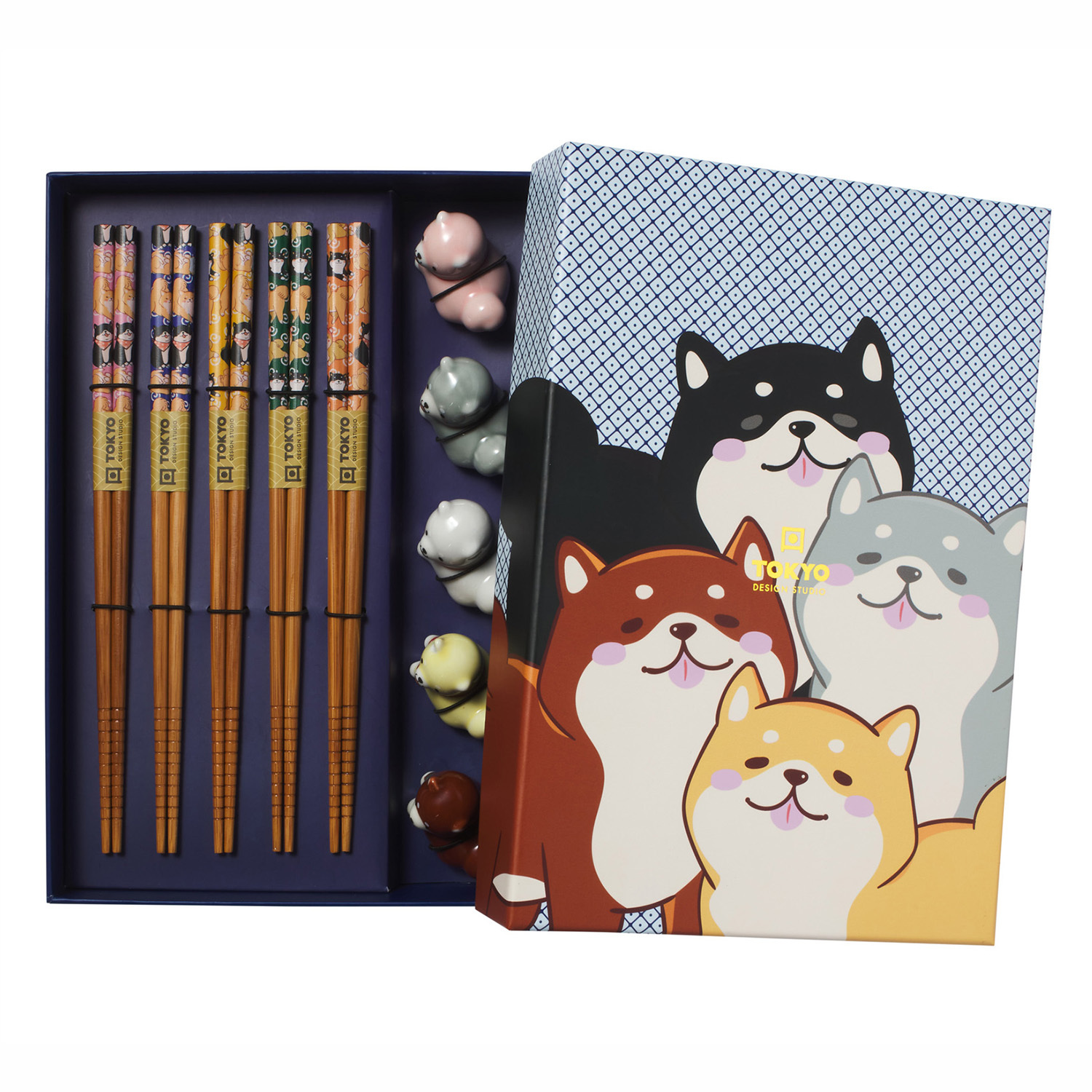 5 Pairs Shiba Dog Bamboo Chopsticks with Rest Gift Set