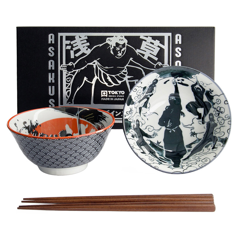 4 Piece Asakusa Samurai Porcelain Tayo Bowl & Chopsticks Set