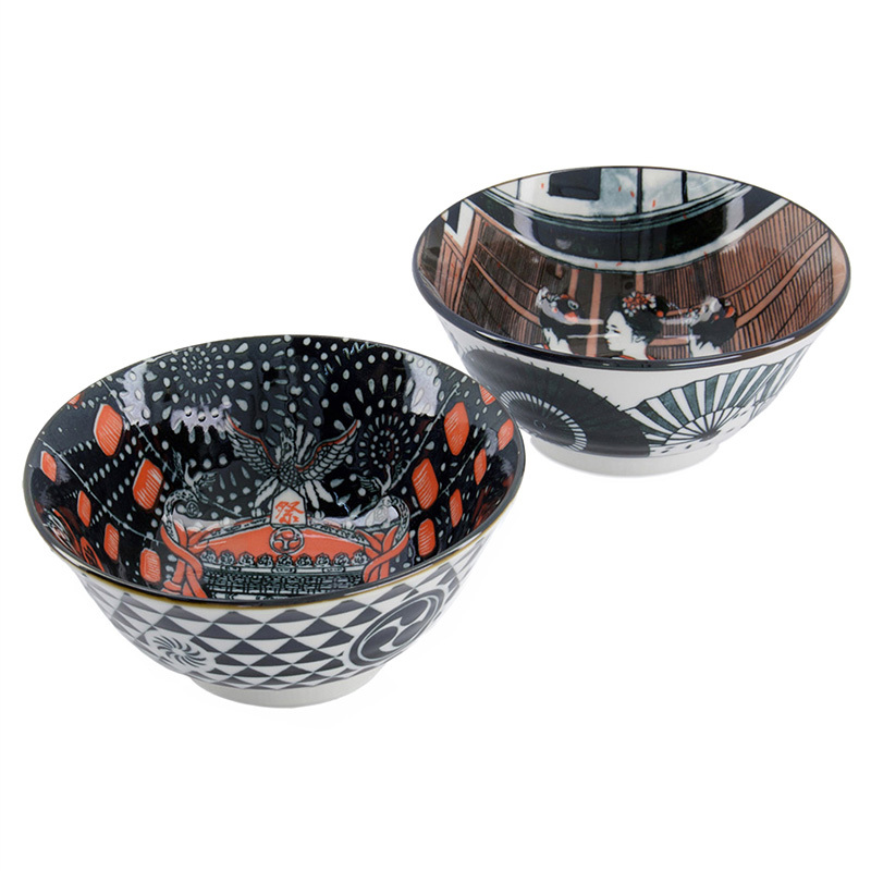 4 Piece Asakusa Geisha Porcelain Tayo Bowl & Chopsticks Set