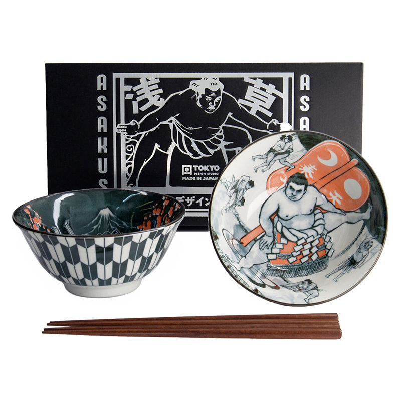 4 Piece Asakusa Kabuki Porcelain Tayo Bowl & Chopsticks Set
