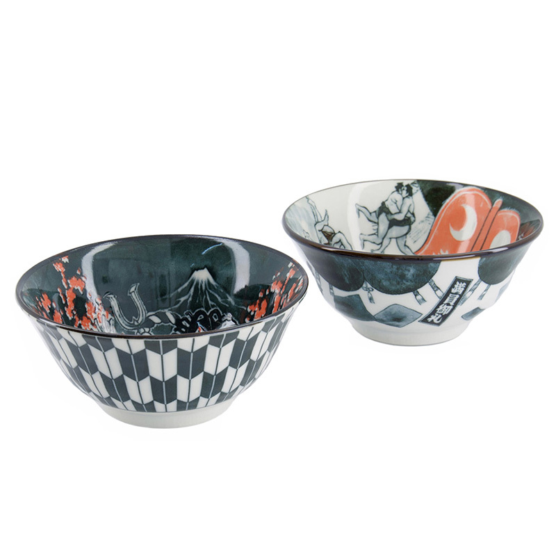 4 Piece Asakusa Kabuki Porcelain Tayo Bowl & Chopsticks Set