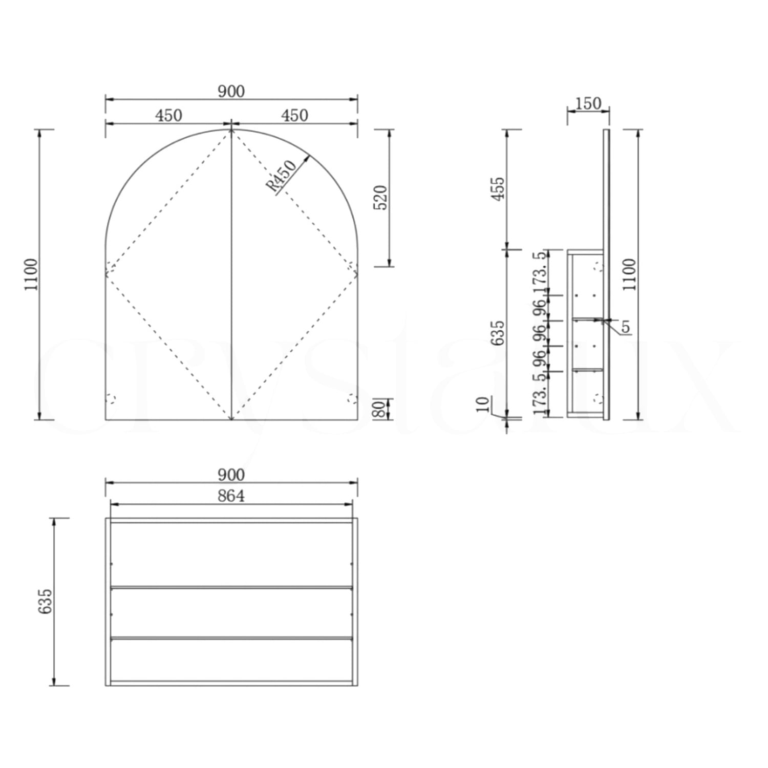 Massey 900mm White Arch Mirrored Shaving Cabinet with Glass Shelves